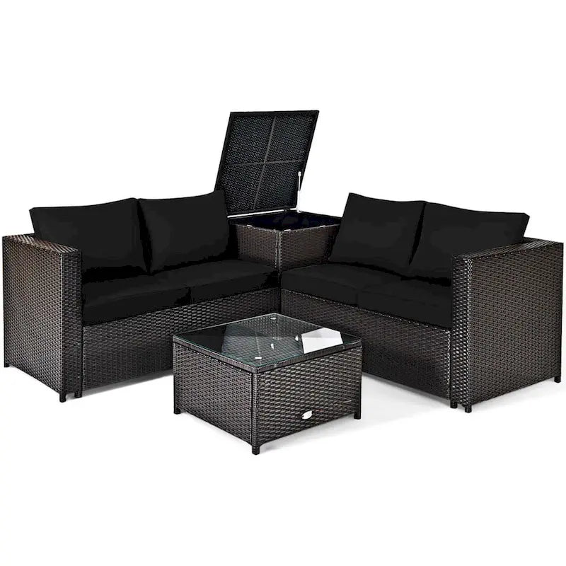 Gymax Set of 4 Patio Rattan Furniture Set Cushioned Loveseat Storage