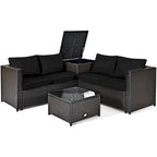 Gymax Set of 4 Patio Rattan Furniture Set Cushioned Loveseat Storage