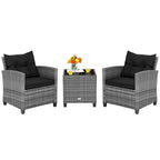 Gymax Set of 3 Rattan Furniture Bistro Set Cushioned Sofas Side Table