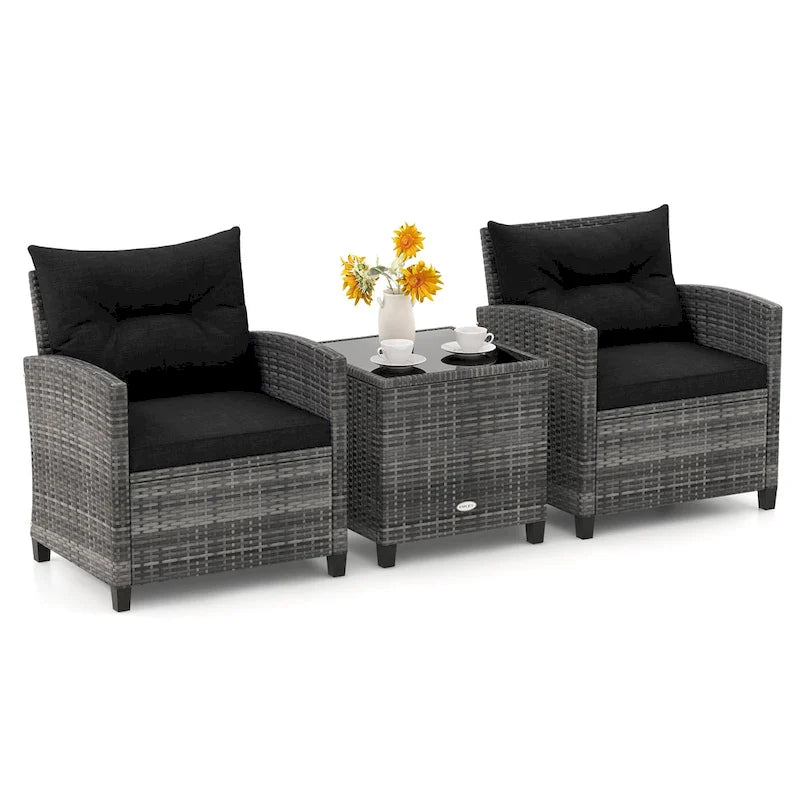 Gymax Set of 3 Rattan Furniture Bistro Set Cushioned Sofas Side Table