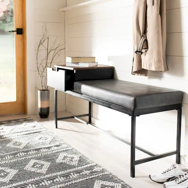 Ruthie Storage Bench 47.3"W x 16"D x 24"H - Contemporary Entryway Seating with Drawer - Light Wood & Black Metal
