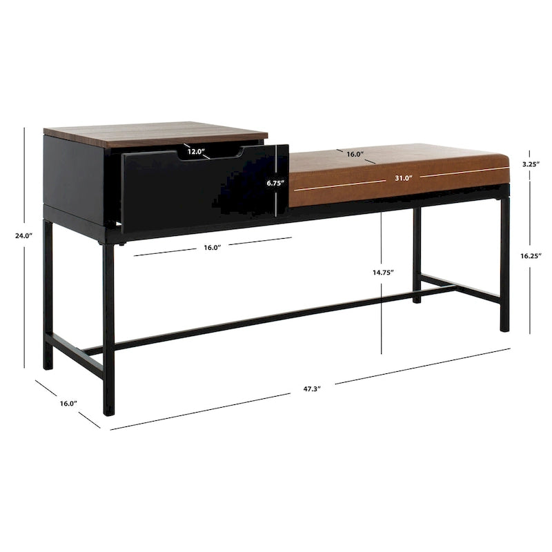 Ruthie Storage Bench 47.3"W x 16"D x 24"H - Contemporary Entryway Seating with Drawer - Light Wood & Black Metal