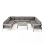 Cape Coral Outdoor 11 Seater Aluminum U-Shaped Sofa Sectional and Table Set by Christopher Knight Home
