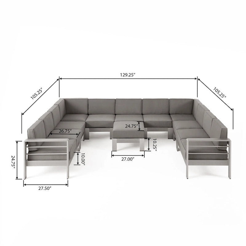 Cape Coral Outdoor 11 Seater Aluminum U-Shaped Sofa Sectional and Ottoman Set by Christopher Knight Home