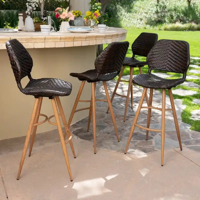 Laryn Outdoor Wicker Wood Barstool (Set of 4) by Christopher Knight Home