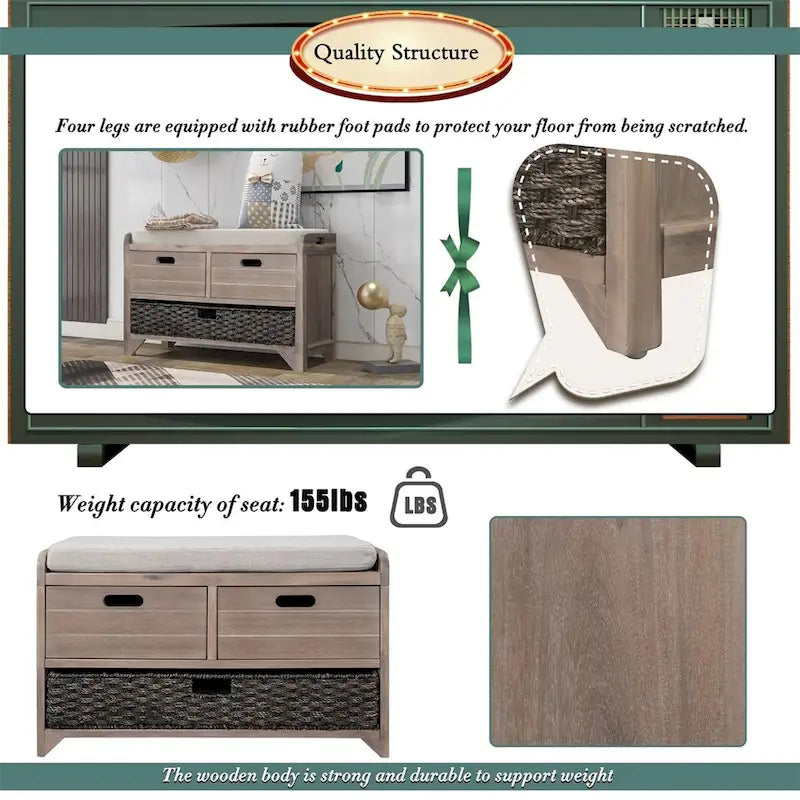 Merax Rustic Storage Bench with Removable Basket and Removable Cushion