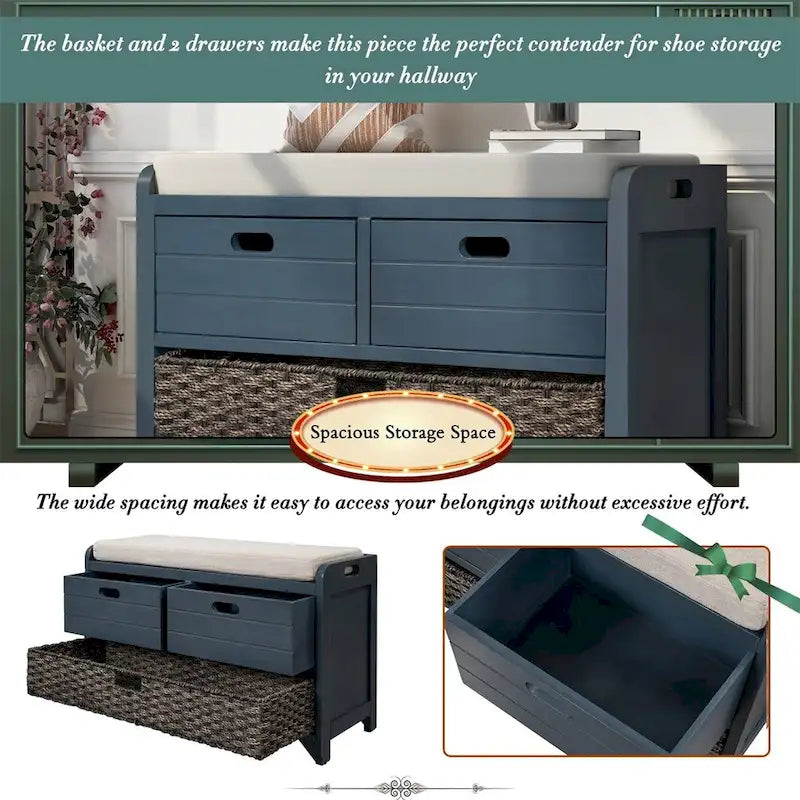 Merax Rustic Storage Bench with Removable Basket and Removable Cushion