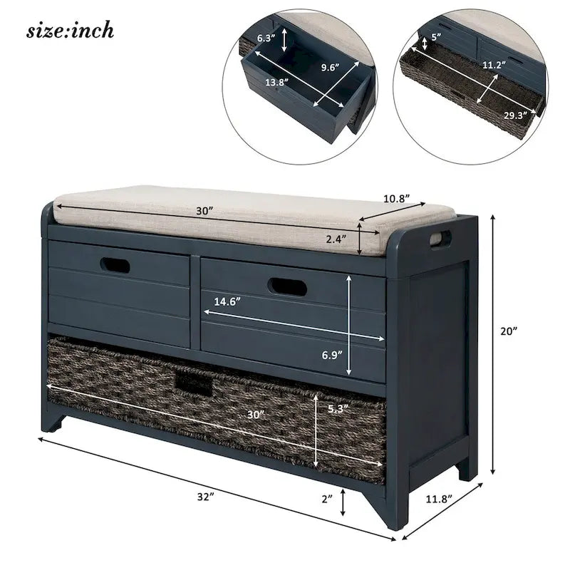 Merax Rustic Storage Bench with Removable Basket and Removable Cushion