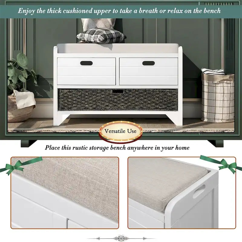 Merax Rustic Storage Bench with Removable Basket and Removable Cushion