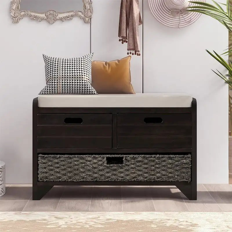 Merax Rustic Storage Bench with Removable Basket and Removable Cushion