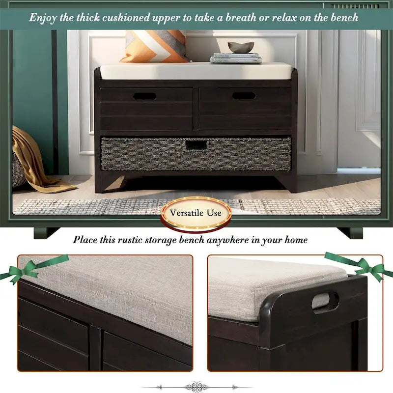 Merax Rustic Storage Bench with Removable Basket and Removable Cushion