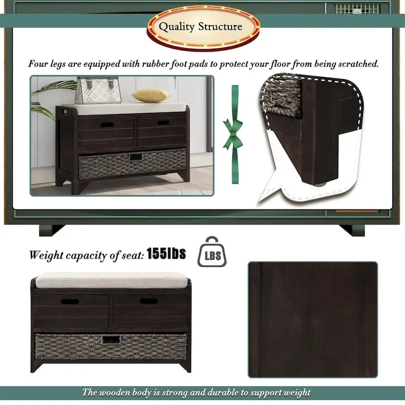 Merax Rustic Storage Bench with Removable Basket and Removable Cushion