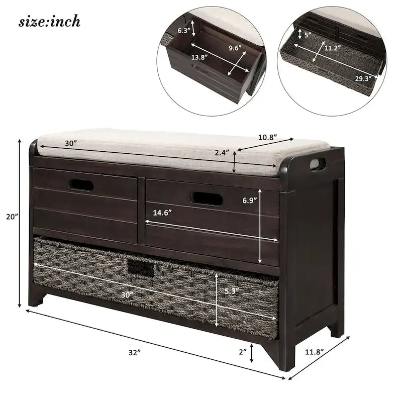 Merax Rustic Storage Bench with Removable Basket and Removable Cushion