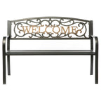 Steel Outdoor Patio Garden Park Seating Bench with Cast Iron  Welcome  Backrest, Front Porch Yard Bench Lawn Decor