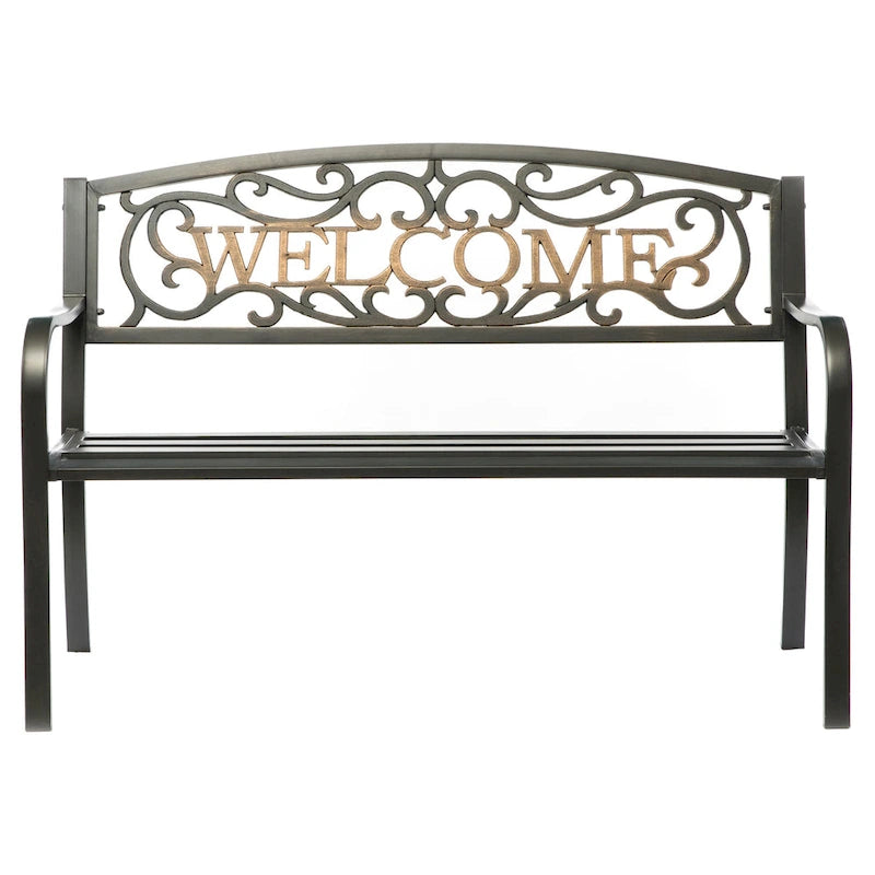 Steel Outdoor Patio Garden Park Seating Bench with Cast Iron  Welcome  Backrest, Front Porch Yard Bench Lawn Decor