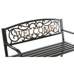 Steel Outdoor Patio Garden Park Seating Bench with Cast Iron  Welcome  Backrest, Front Porch Yard Bench Lawn Decor