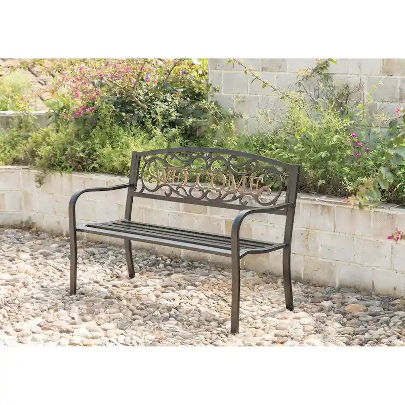 Steel Outdoor Patio Garden Park Seating Bench with Cast Iron  Welcome  Backrest, Front Porch Yard Bench Lawn Decor