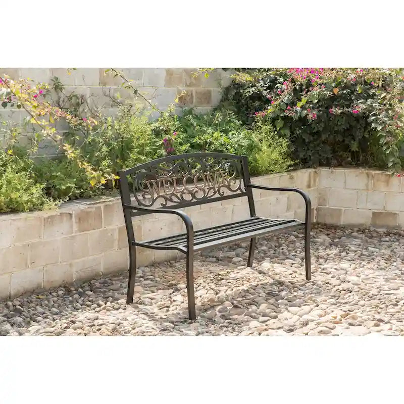 Steel Outdoor Patio Garden Park Seating Bench with Cast Iron  Welcome  Backrest, Front Porch Yard Bench Lawn Decor