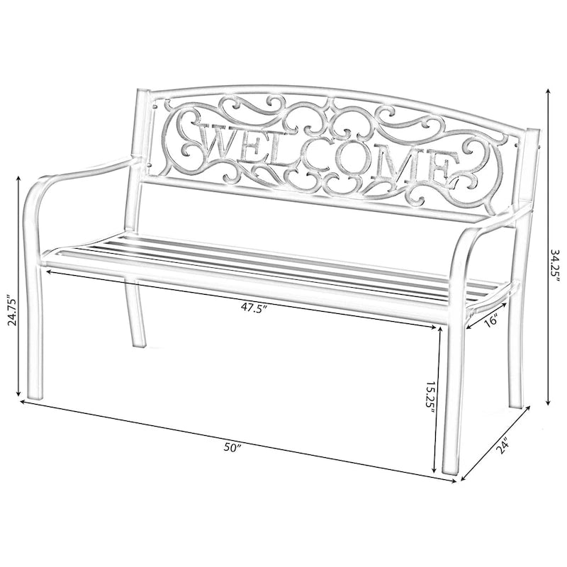 Steel Outdoor Patio Garden Park Seating Bench with Cast Iron  Welcome  Backrest, Front Porch Yard Bench Lawn Decor