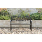 Steel Outdoor Patio Garden Park Seating Bench with Cast Iron  Welcome  Backrest, Front Porch Yard Bench Lawn Decor