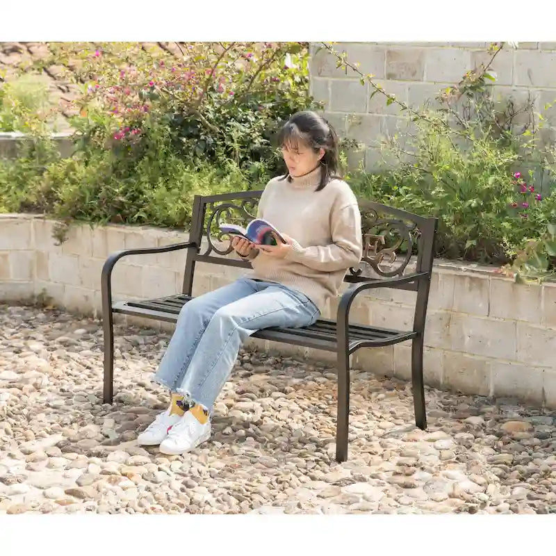 Steel Outdoor Patio Garden Park Seating Bench with Cast Iron  Welcome  Backrest, Front Porch Yard Bench Lawn Decor