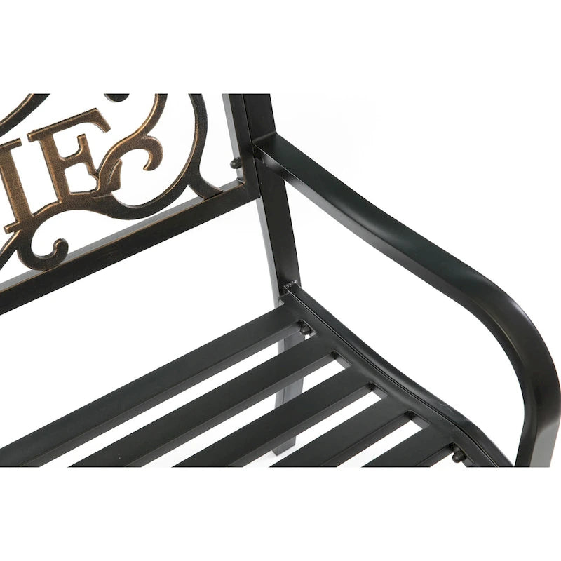 Steel Outdoor Patio Garden Park Seating Bench with Cast Iron  Welcome  Backrest, Front Porch Yard Bench Lawn Decor