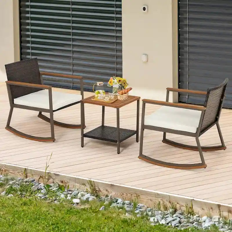 3 Pieces Rocking Bistro Set, Patio Rattan Furniture Conversation Chairs with Coffee Table & Cushions for Balcony Porch Poolside