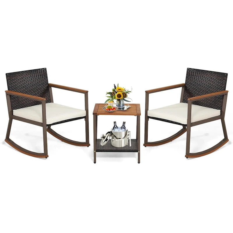 3 Pieces Rocking Bistro Set, Patio Rattan Furniture Conversation Chairs with Coffee Table & Cushions for Balcony Porch Poolside