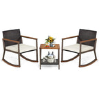 3 Pieces Rocking Bistro Set, Patio Rattan Furniture Conversation Chairs with Coffee Table & Cushions for Balcony Porch Poolside