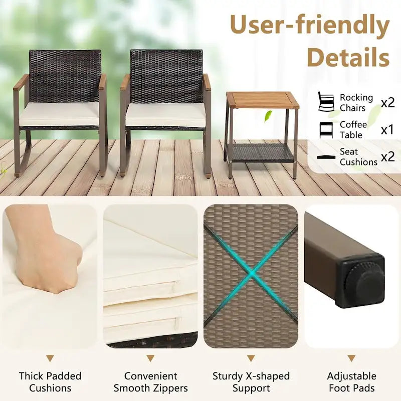 3 Pieces Rocking Bistro Set, Patio Rattan Furniture Conversation Chairs with Coffee Table & Cushions for Balcony Porch Poolside