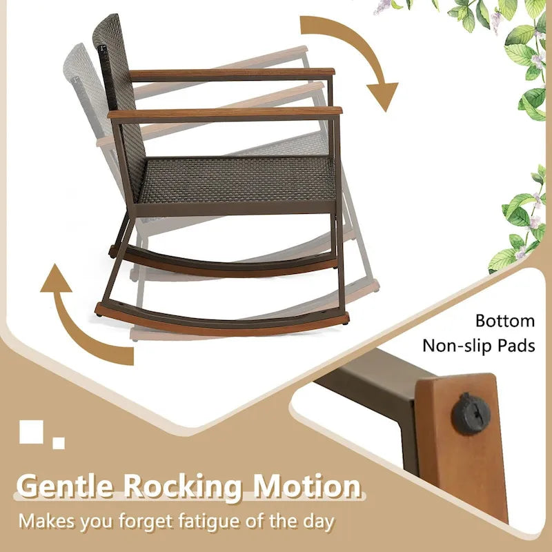 3 Pieces Rocking Bistro Set, Patio Rattan Furniture Conversation Chairs with Coffee Table & Cushions for Balcony Porch Poolside