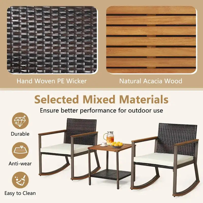 3 Pieces Rocking Bistro Set, Patio Rattan Furniture Conversation Chairs with Coffee Table & Cushions for Balcony Porch Poolside