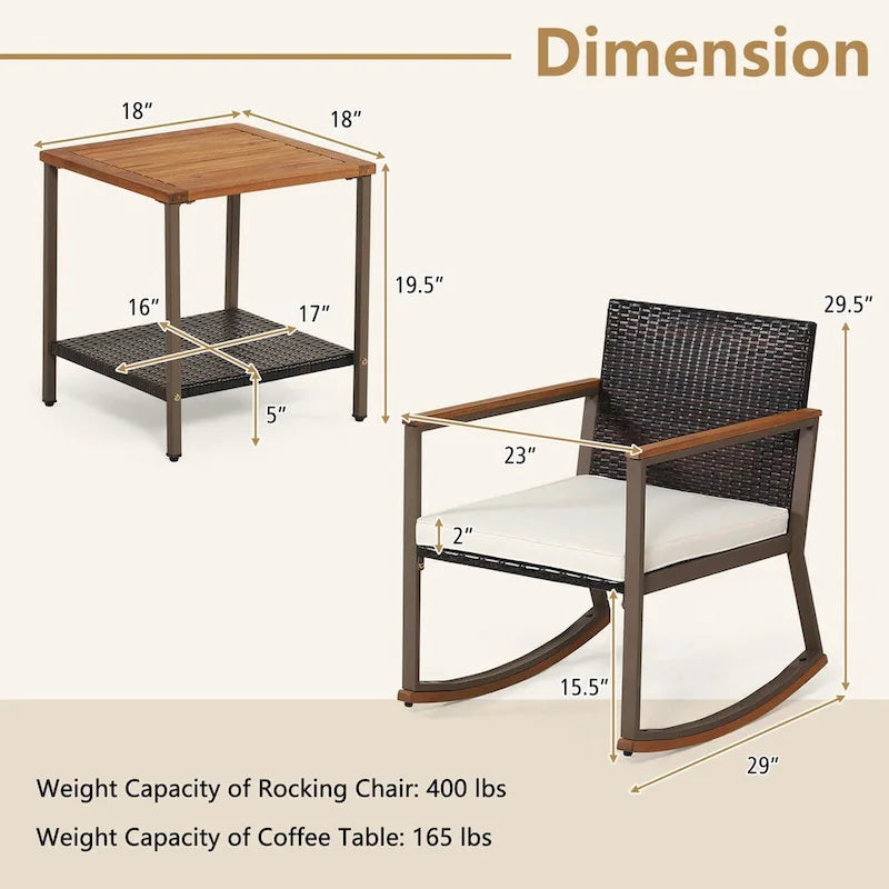 3 Pieces Rocking Bistro Set, Patio Rattan Furniture Conversation Chairs with Coffee Table & Cushions for Balcony Porch Poolside