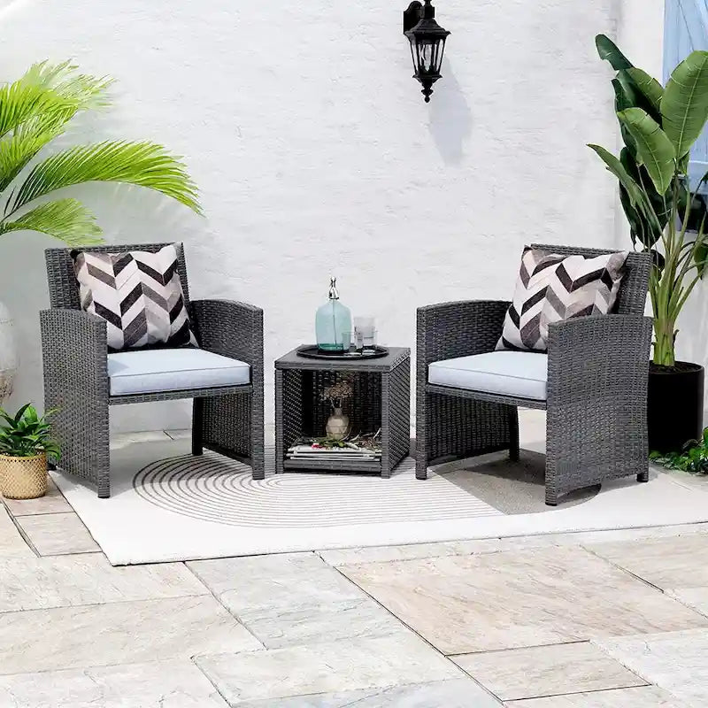 3 Pieces Rocking Bistro Set, Patio Rattan Furniture Conversation Chairs with Coffee Table & Cushions for Balcony Porch Poolside