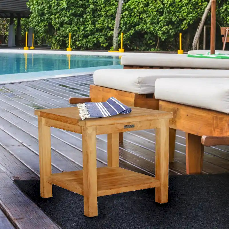 Teak Wood Panama Outdoor End Table With Shelf, Large