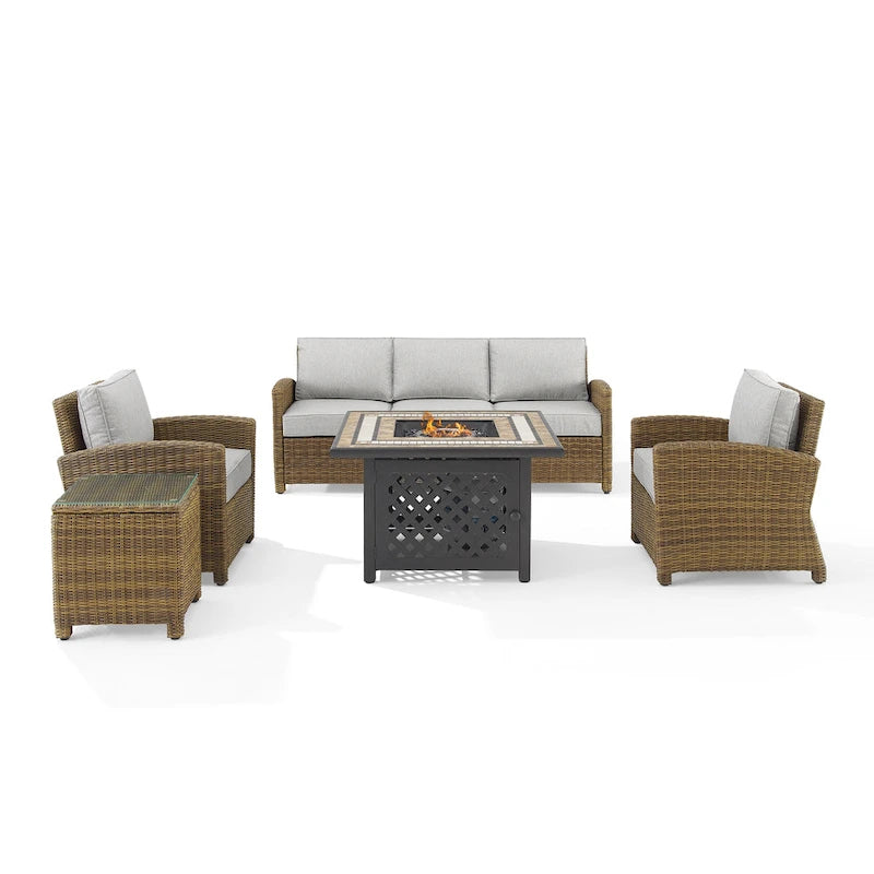 Crosley Bradenton 5Pc Outdoor Wicker Sofa Set W/Fire Table