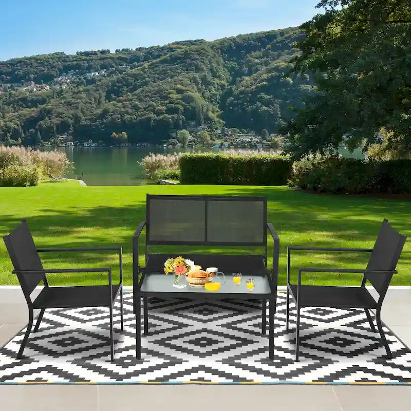 4 Pieces Patio Furniture Set Sofa Coffee Table Steel Frame Garden