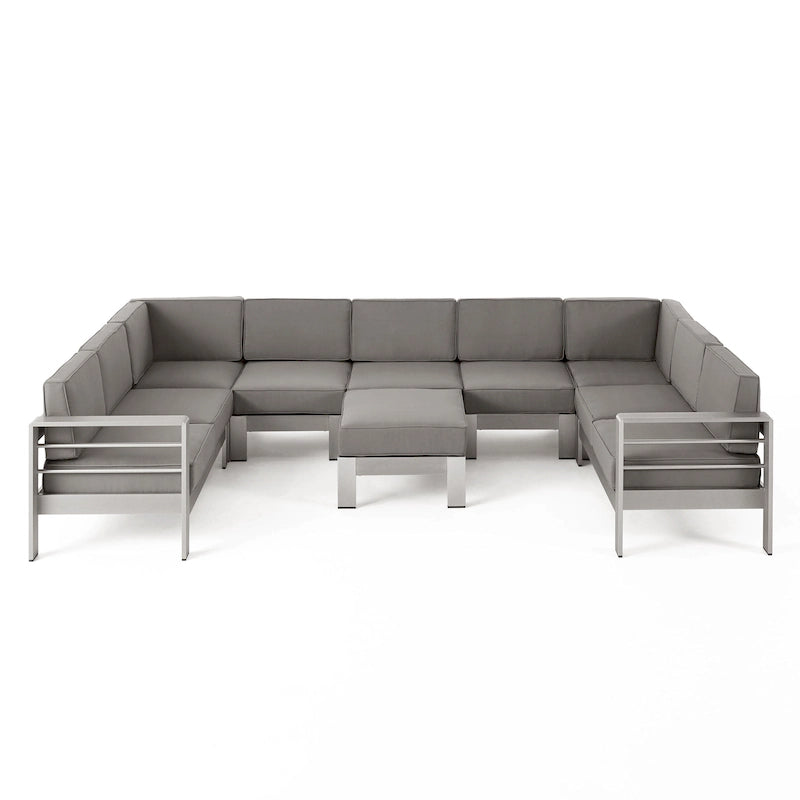 Cape Coral Outdoor Modern 9 Seater Aluminum U-Shaped Sofa Sectional Set with Ottoman by Christopher Knight Home