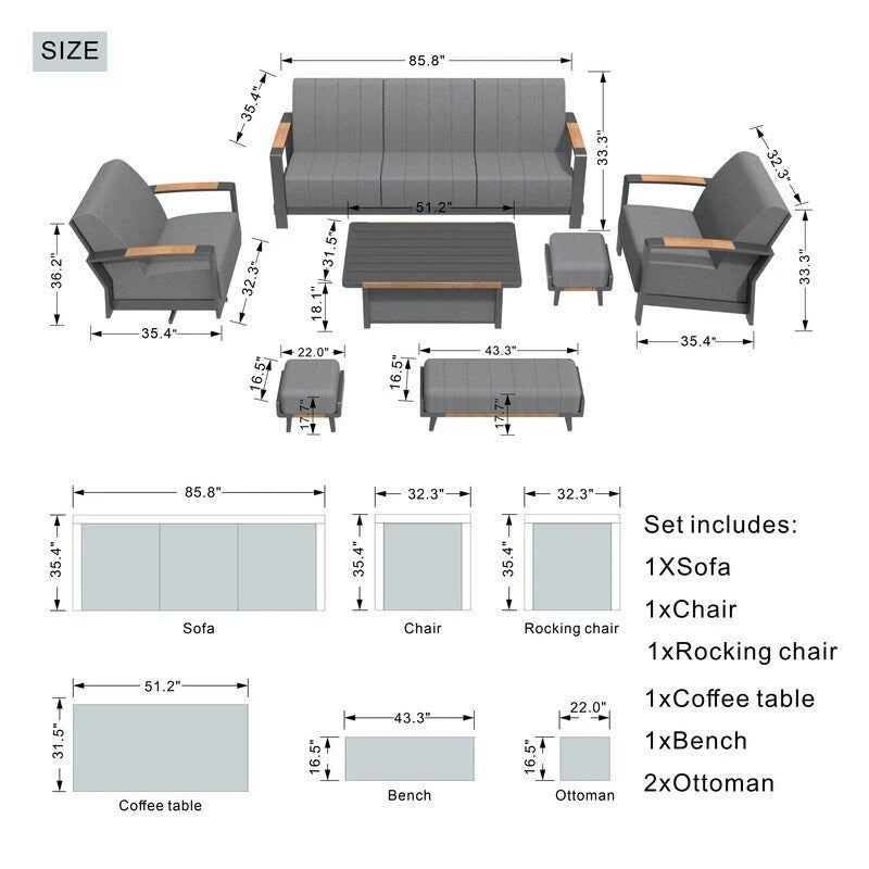 7-Piece Patio Acrylic Sponge Sofa and Chair Set with Table and Bench