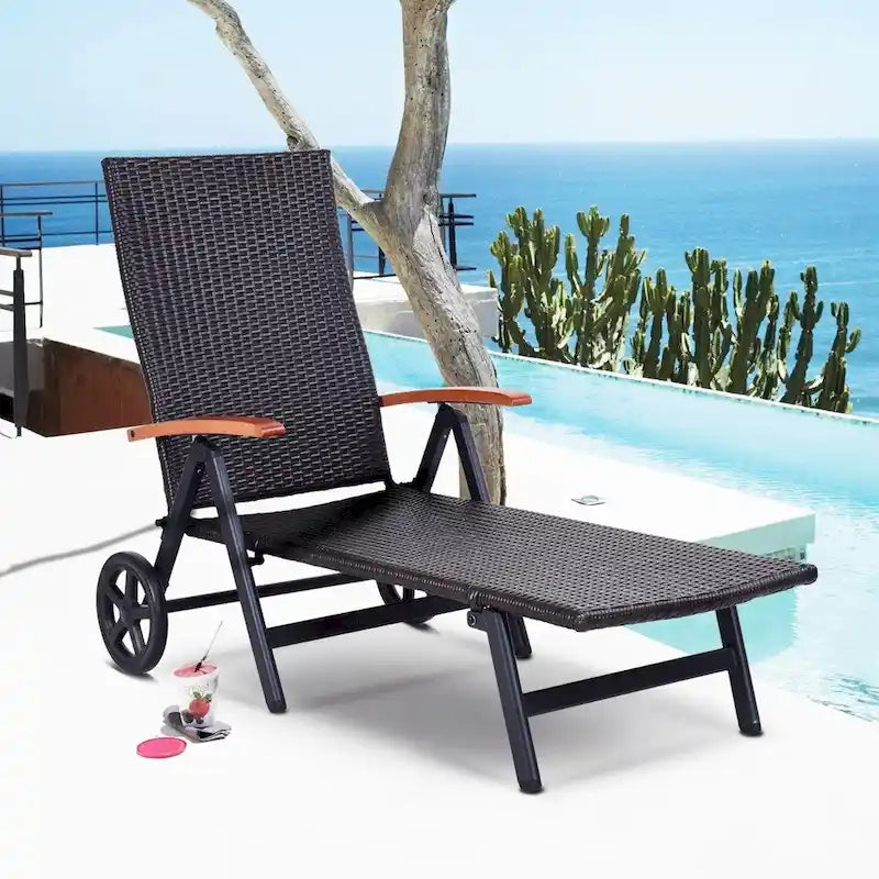 Outdoor Folding Rattan Reclining Chair Adjustable Patio Chaise Lounge