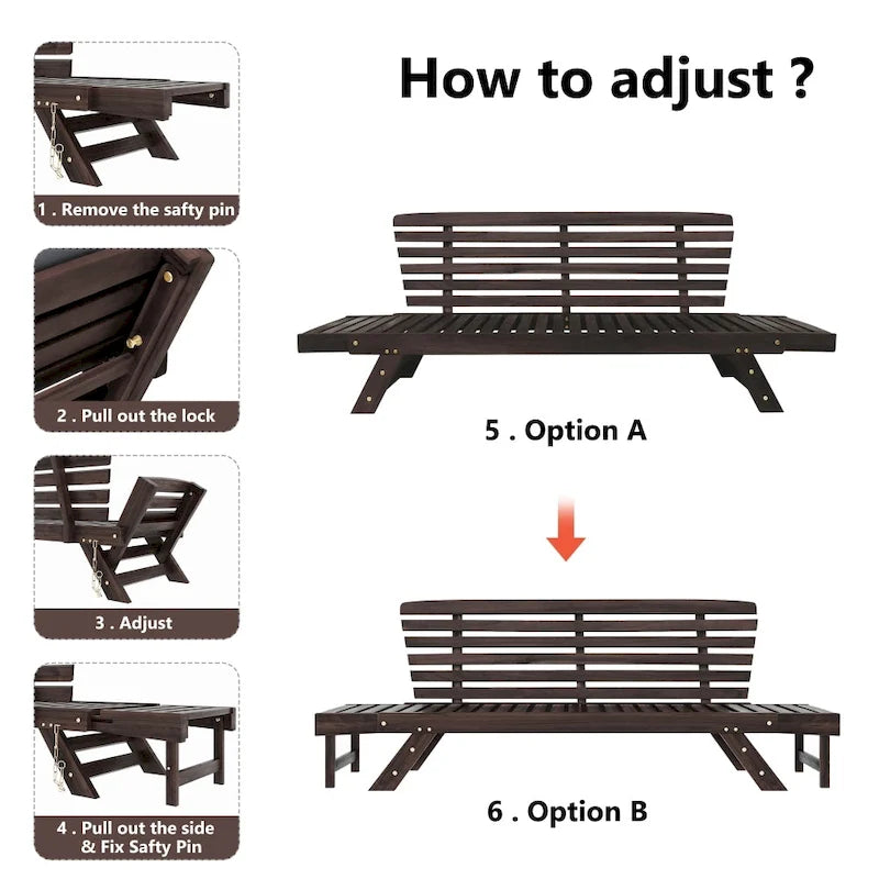 Outdoor Adjustable Wooden Daybed Sofa with Cushions
