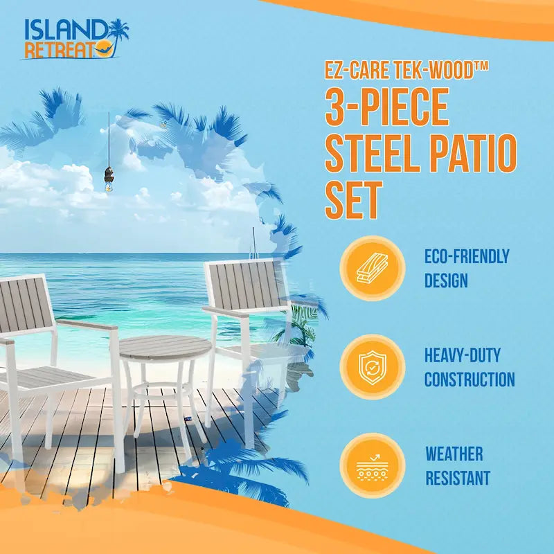 Island Retreat Ez-Care Tek-Wood 3-Piece Steel Patio Set - White and Slate Grey