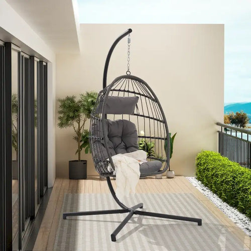 1-Person Gray Metal Porch Swing Egg Chair with Stand and Cushion