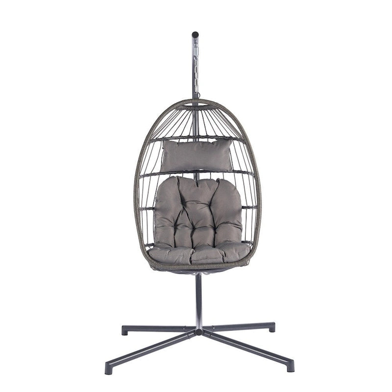 1-Person Gray Metal Porch Swing Egg Chair with Stand and Cushion