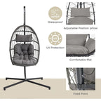1-Person Gray Metal Porch Swing Egg Chair with Stand and Cushion
