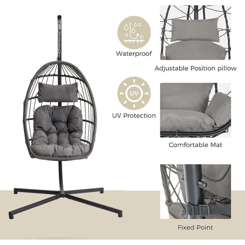 1-Person Gray Metal Porch Swing Egg Chair with Stand and Cushion