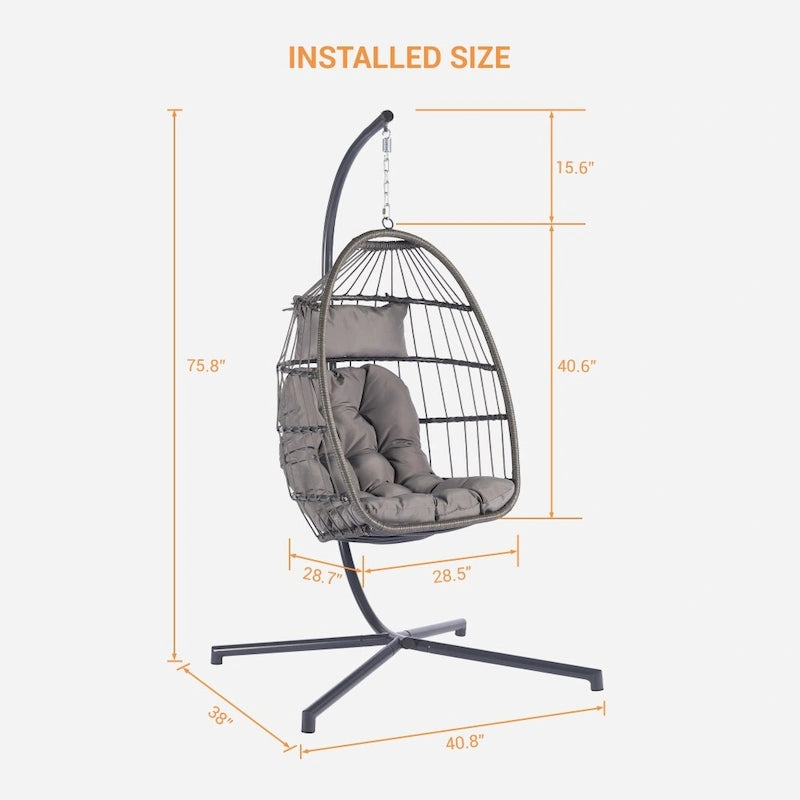 1-Person Gray Metal Porch Swing Egg Chair with Stand and Cushion