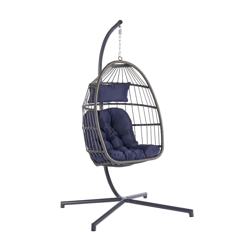 1-Person Gray Metal Porch Swing Egg Chair with Stand and Cushion