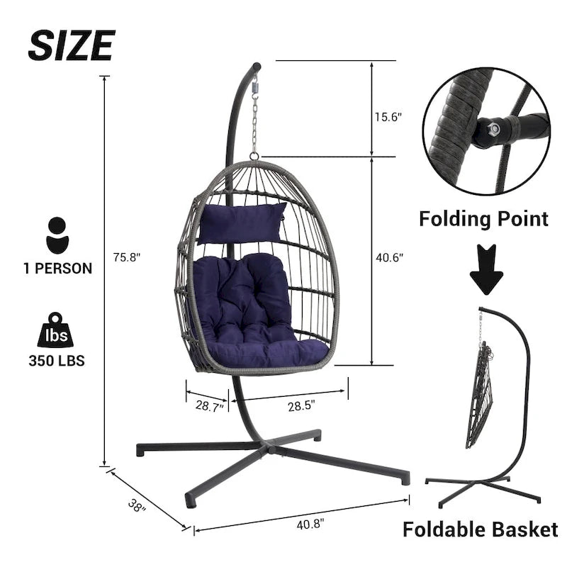 1-Person Gray Metal Porch Swing Egg Chair with Stand and Cushion