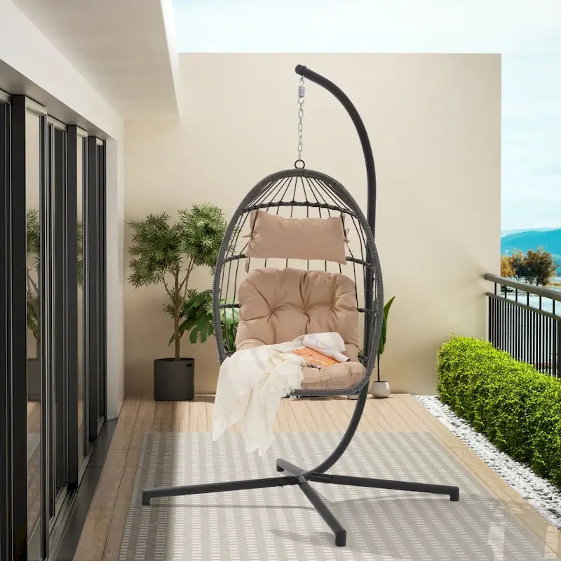 1-Person Gray Metal Porch Swing Egg Chair with Stand and Cushion
